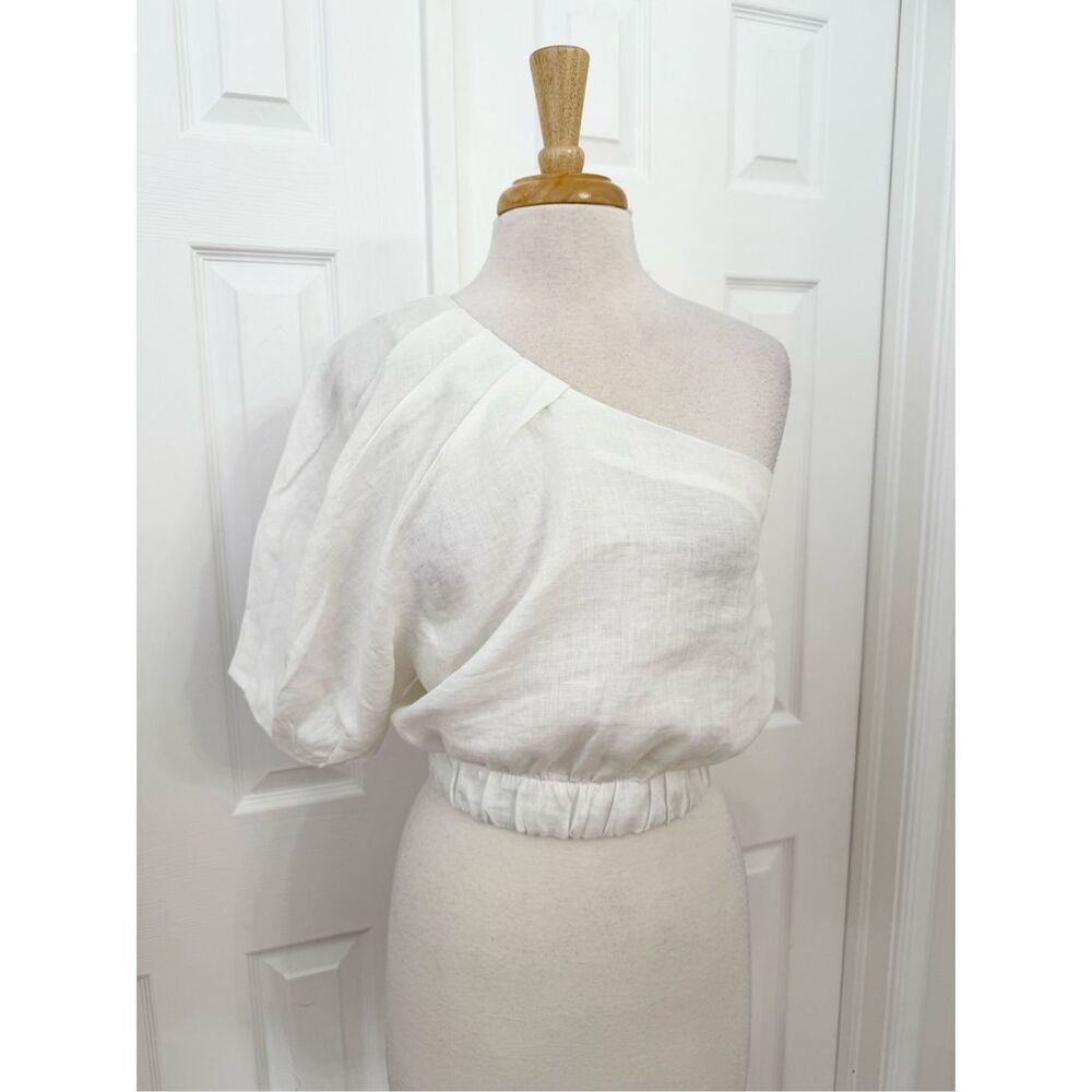 Lanhtropy Asymmetrical White Tulip Linen One Shoulder Puff‎ Sleeve Crop Top M